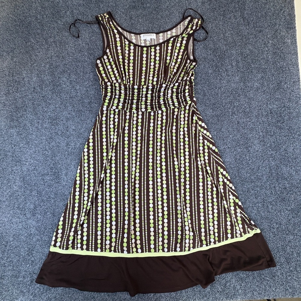 Studio‎ I Dress Womens 8 Brown Green Polka Dot Stretch Ruched Waist Sleeveless